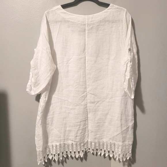 Lungo L'Arno Women's 1X plus White Linen tunic Top eyelet Lace Hem lagenlook - Picture 6 of 12